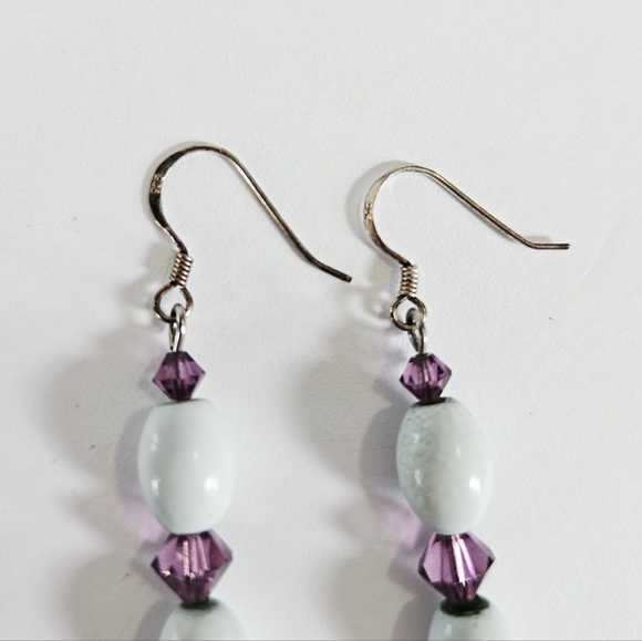 Vintage Hand Made Sterling Silver Beaded Amethyst Crystal Dangle Drop Earrings - Picture 5 of 7